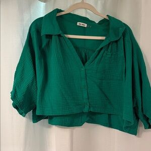 Day + Moon Emerald Green Cropped Gauze Button-Up Top